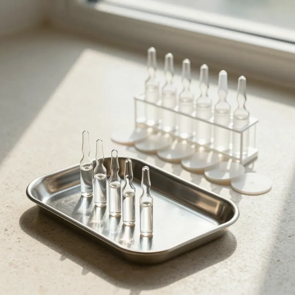 Glass ampoules, steel tray, vial rack, and cap discs on pale travertine with soft clinic light.