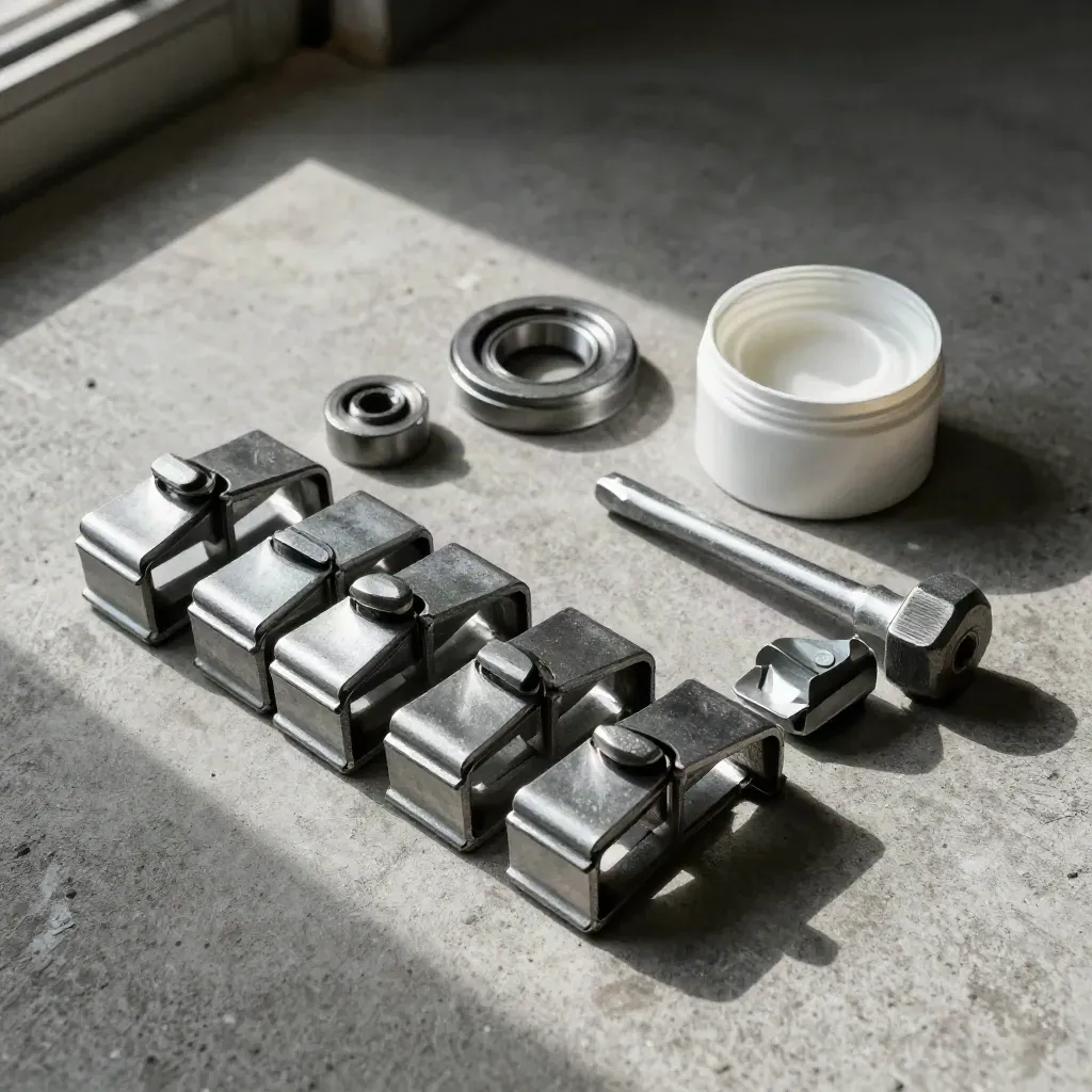 Rail clips, shim, grease tin and torque bit on concrete in a precise top-down still life.