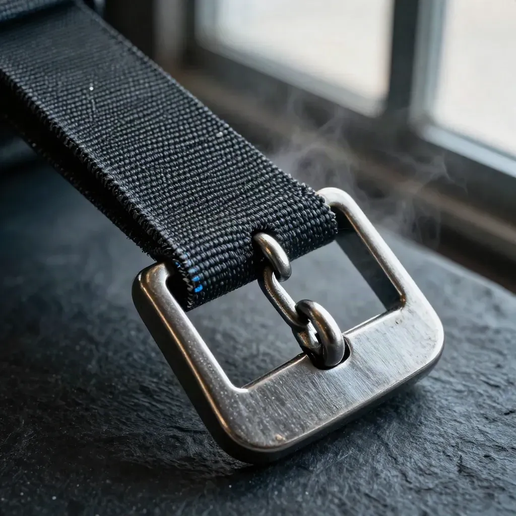 Macro of a ratchet strap buckle, cargo seal, corner protector and chain link on brushed metal.