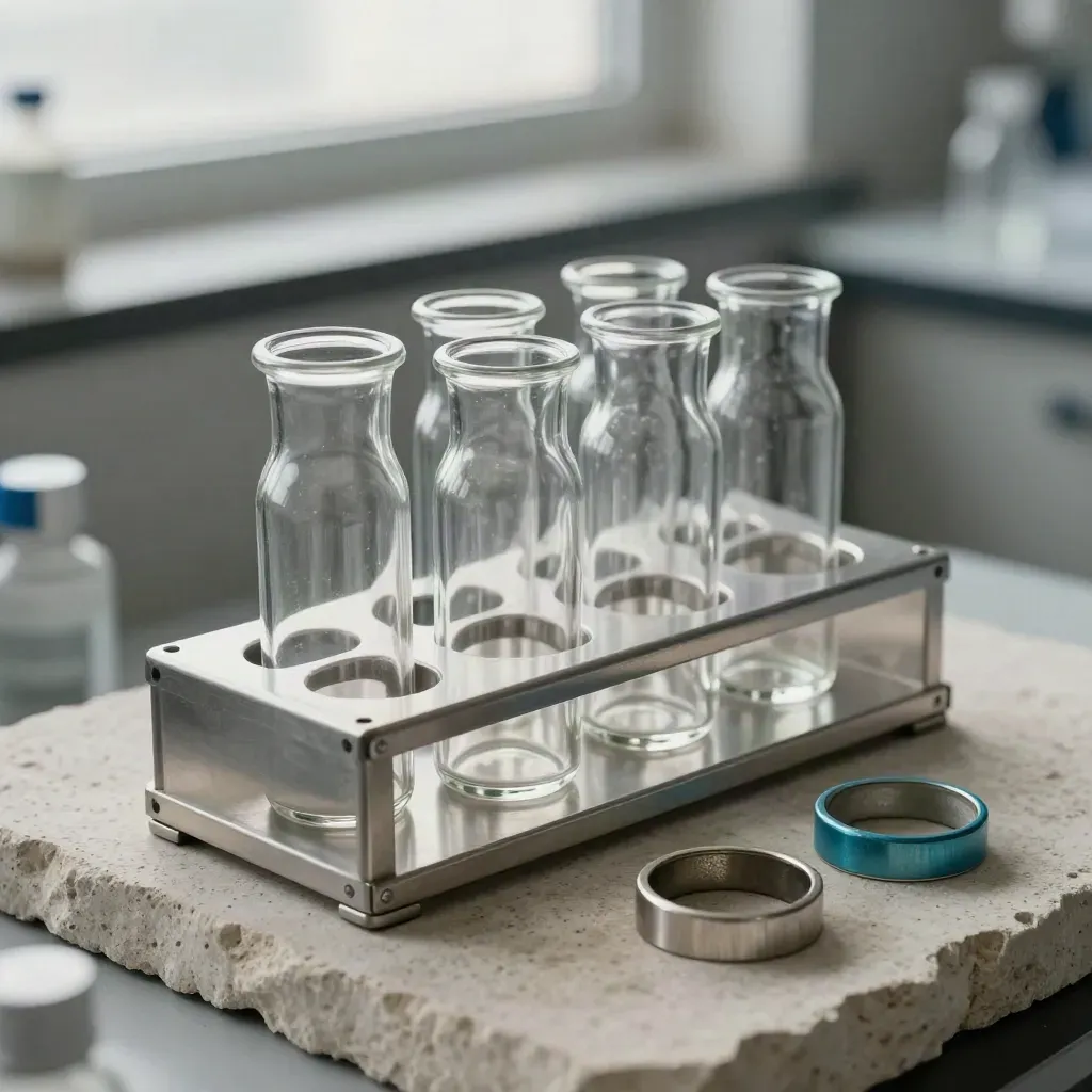 Borosilicate vials in an aluminum sample rack on pale stone with cyan cap rings.