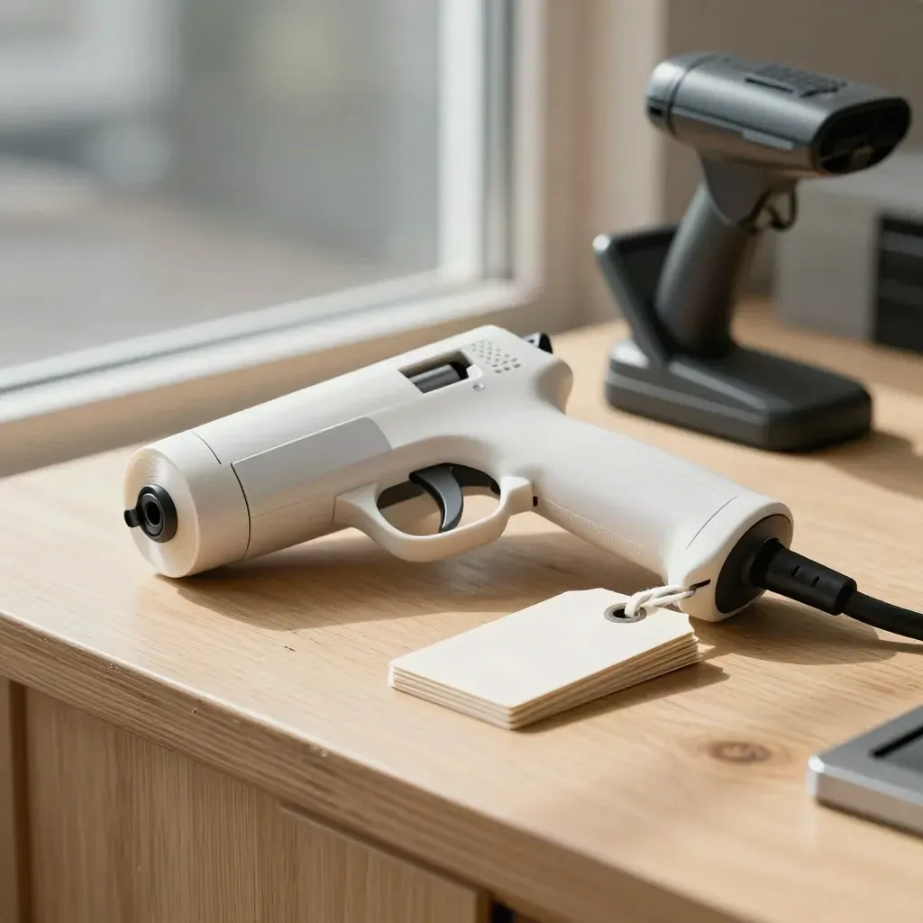 Retail stockroom tools on pale wood: label gun, tag roll, hang tags and scanner cradle in soft haze.