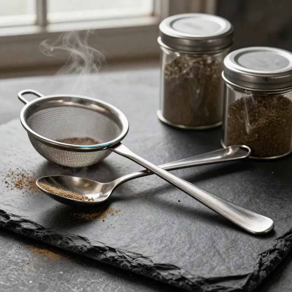 Stainless spoons, sieve, scoop and spice tins on dark stone with warm steam and diagonal light.