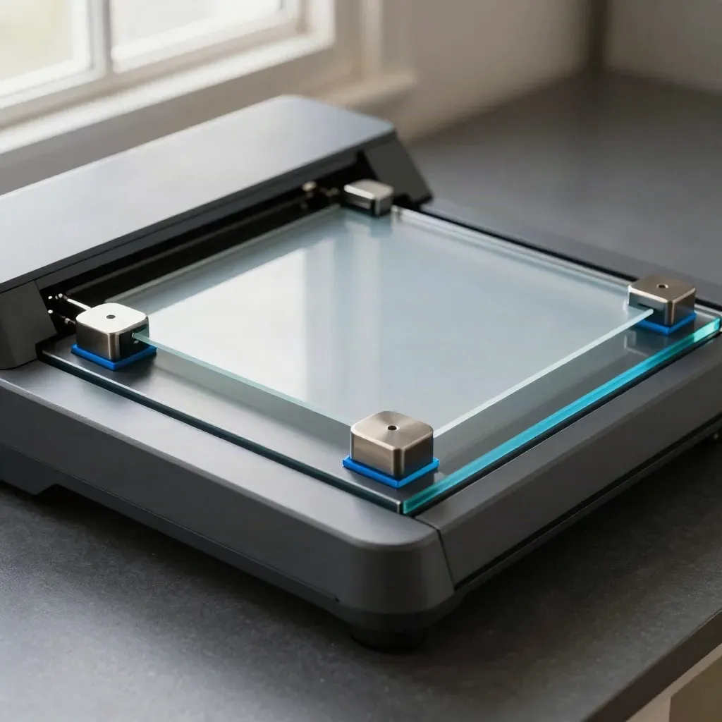 Flatbed scanner with acetate sheet and metal alignment guides on a graphite bench