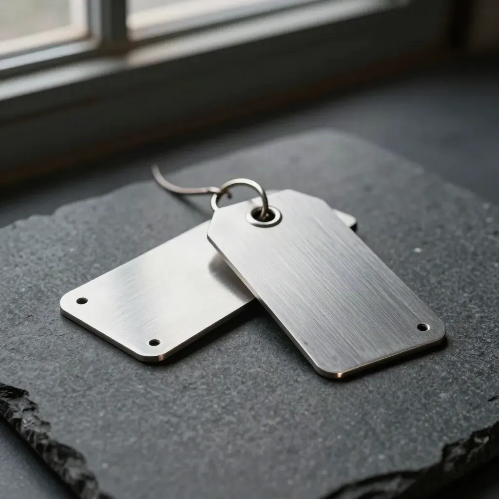 Three brushed-aluminum inventory tags on graphite stone, two nearly overlapping, one offset.
