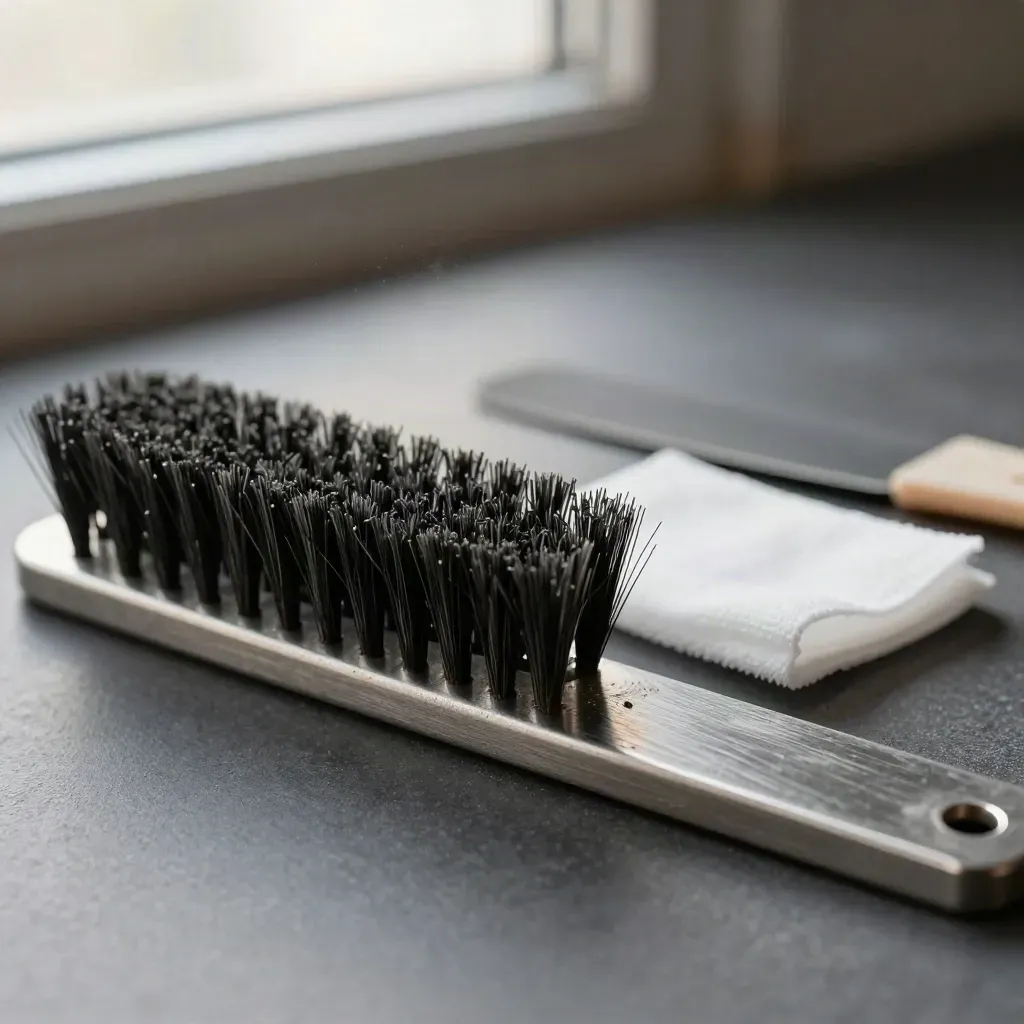 Brush bristles sweep a metal strip beside a swab and rubber scraper on graphite.