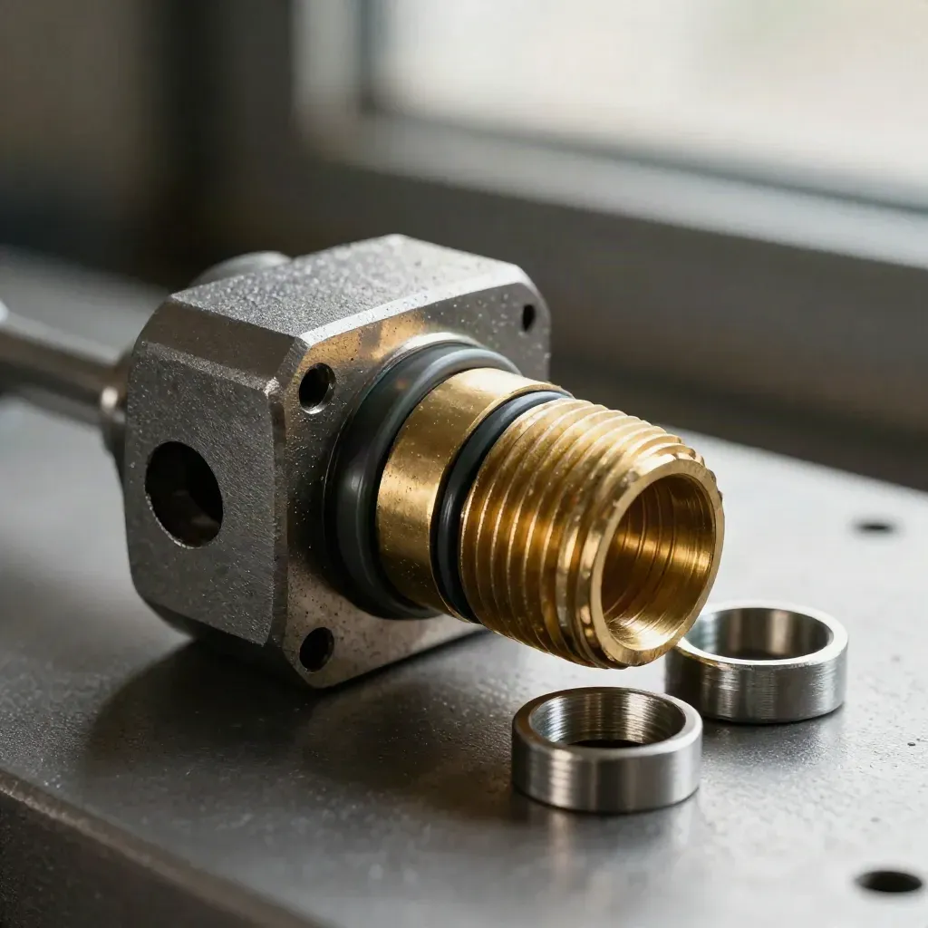 Macro of a brass adapter seated in a coupling block with a compressed O-ring.