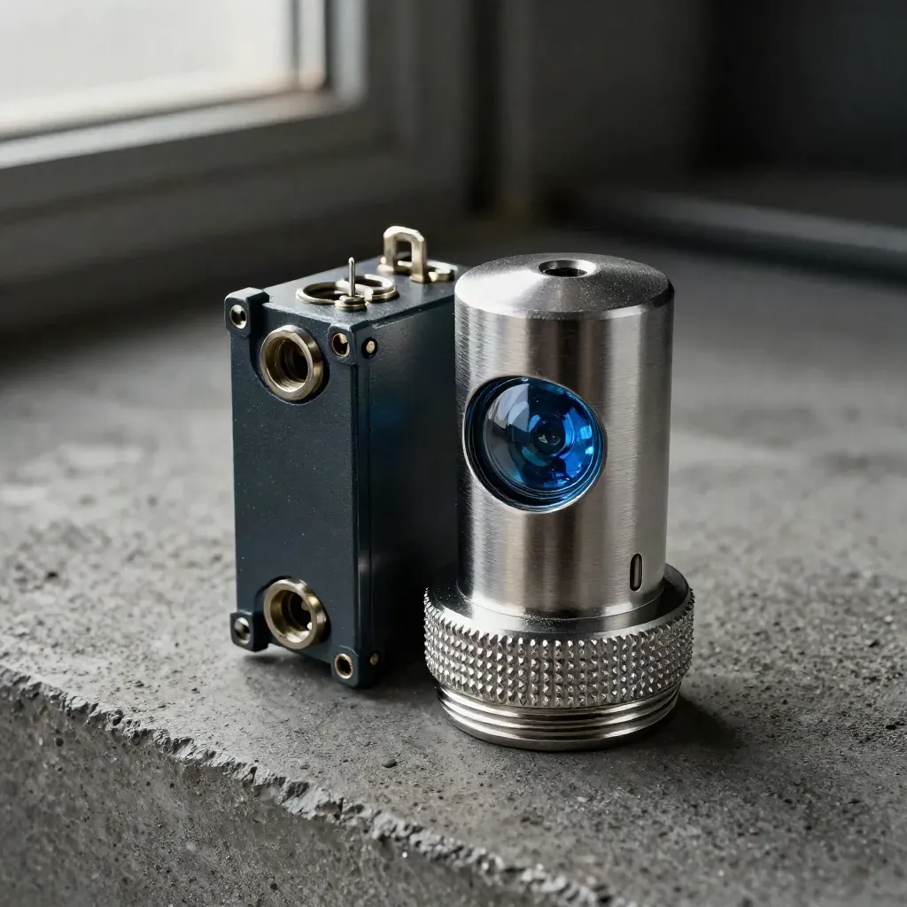 Industrial beacon, relay module, and cable gland on concrete in dim blue-lit haze