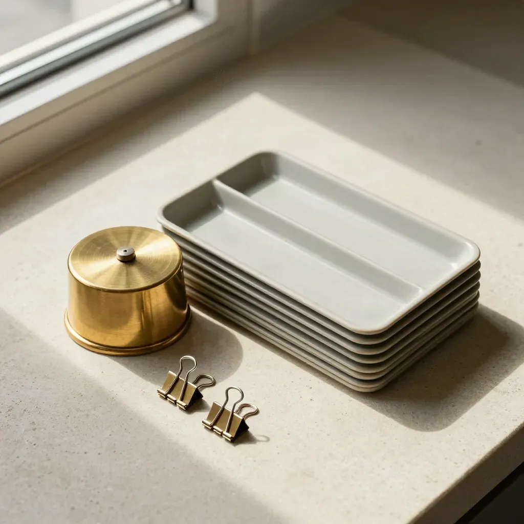 Brass tally counter, sorting tray and aligned clips on pale stone with soft daylight.
