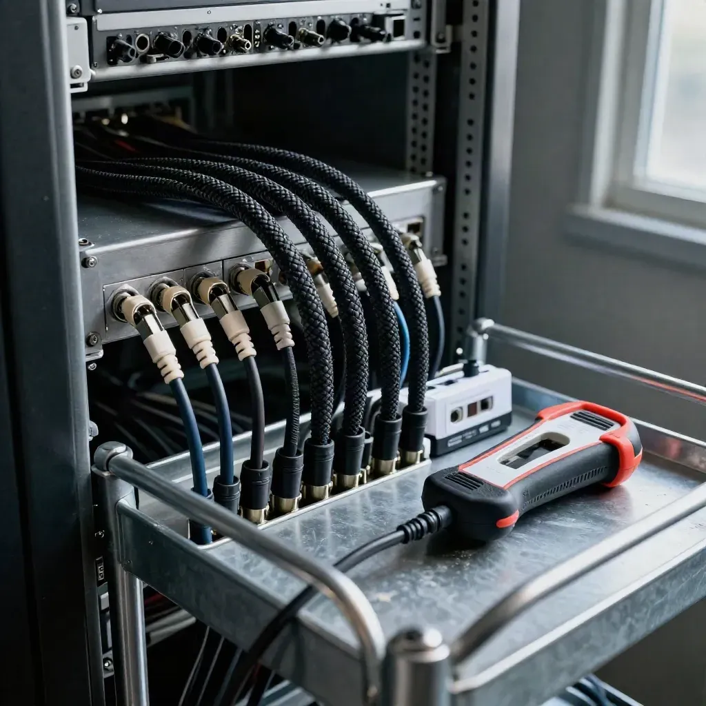 Cable harnesses, patch cords, tester, and label cassette on a utility cart in a server-room haze.