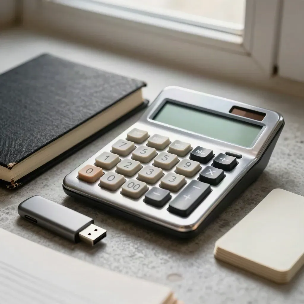 Macro still life of a calculator, notebook, USB drive and index cards on stone.