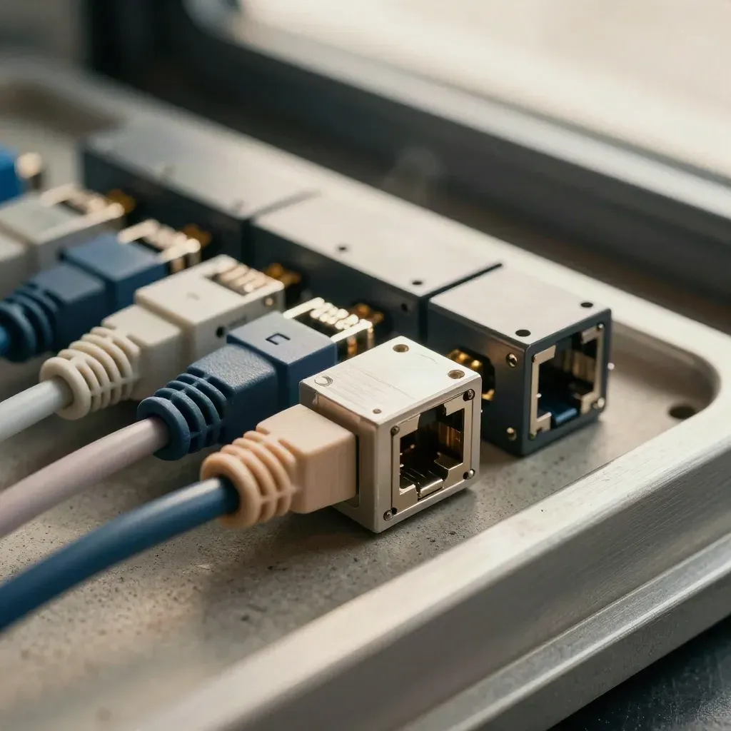 Macro of connector blocks, ethernet couplers, relay board and spacer block on a concrete tray.