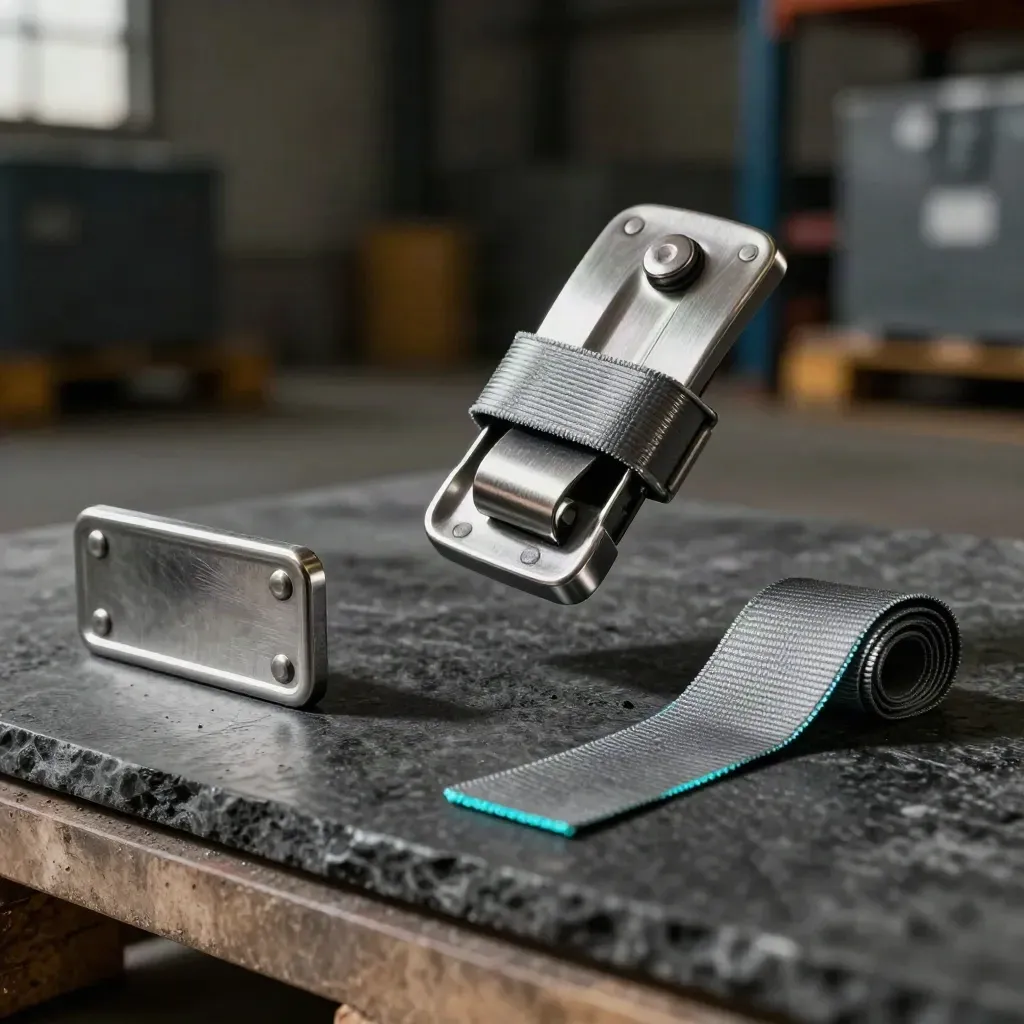 Cargo seal press beside a strap buckle and pallet corner guard on dark stone.