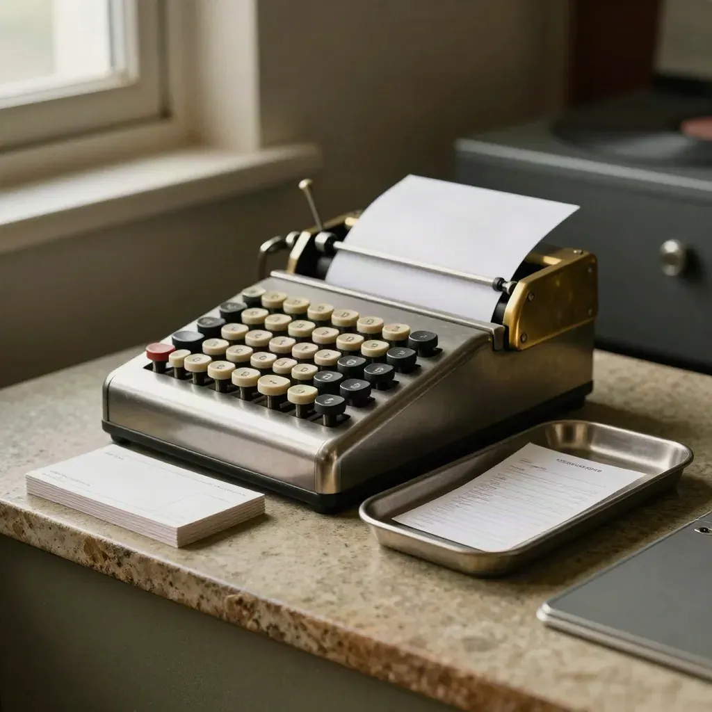 Mechanical calculator, brass paperweight, blank cards and tray on a khaki ledge with soft bokeh