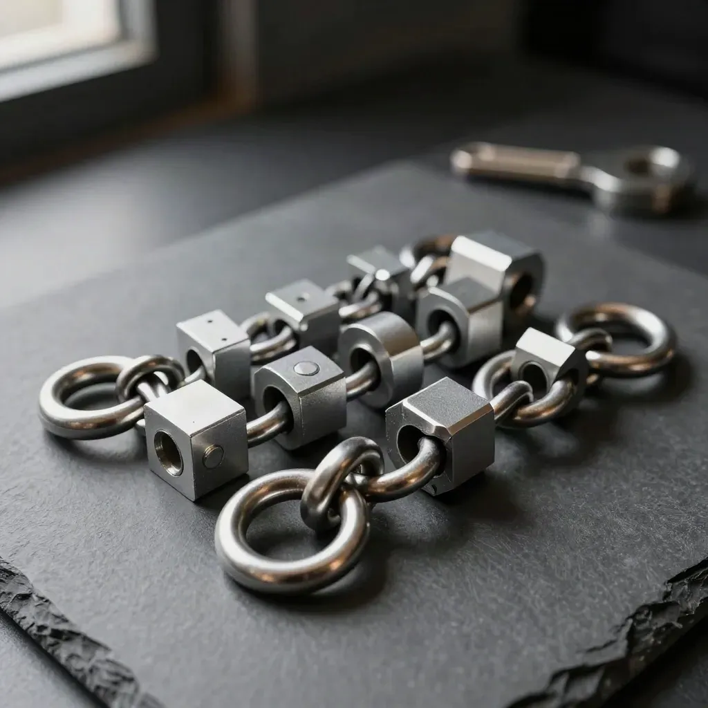 Machined links and precision connectors arranged diagonally on brushed graphite.