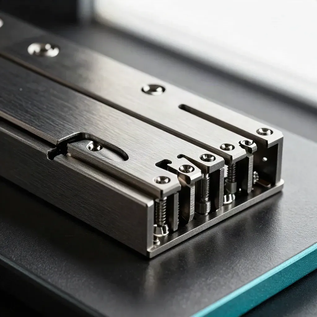 Macro of aligned metal brackets and fasteners on dark metal with cyan reflections.