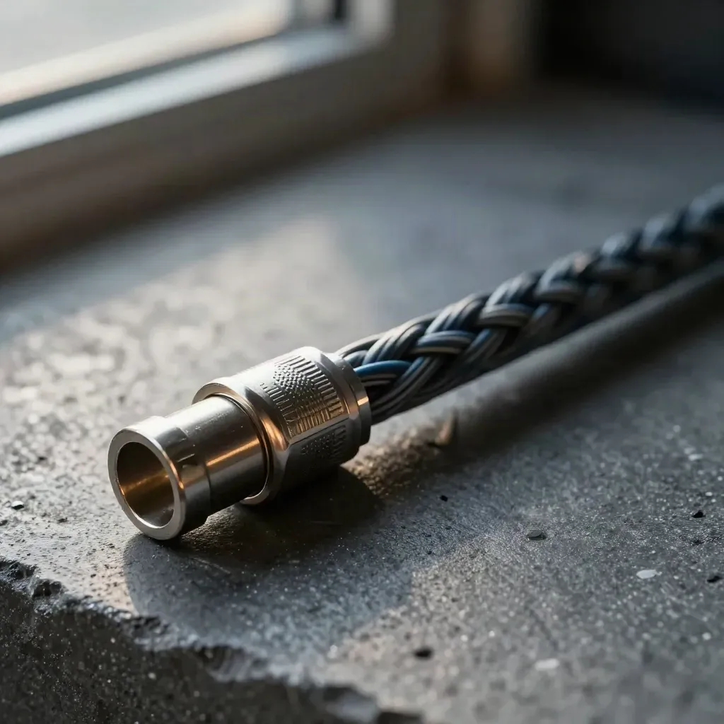 Braided cable, split-ring connectors, and a half-assembled coupler on dark concrete with blue accent.