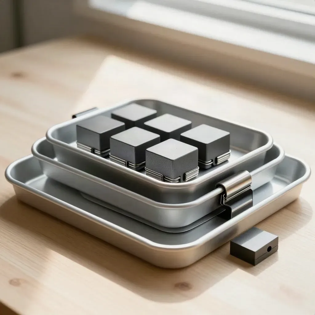 Overhead still life of modular trays, cubes, clips, and spacer block on pale wood.
