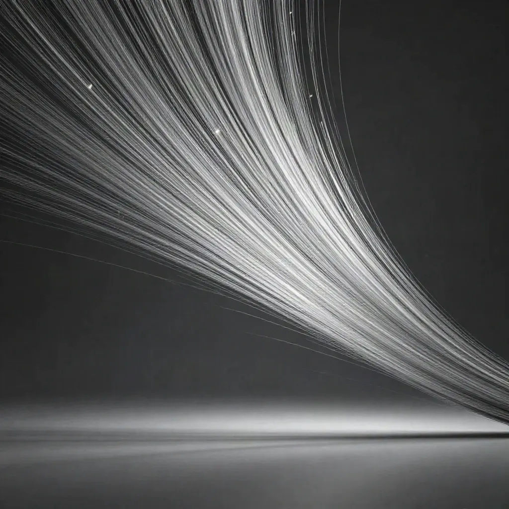 Silver filaments converge into a white bloom in graphite haze, with calm copy space.