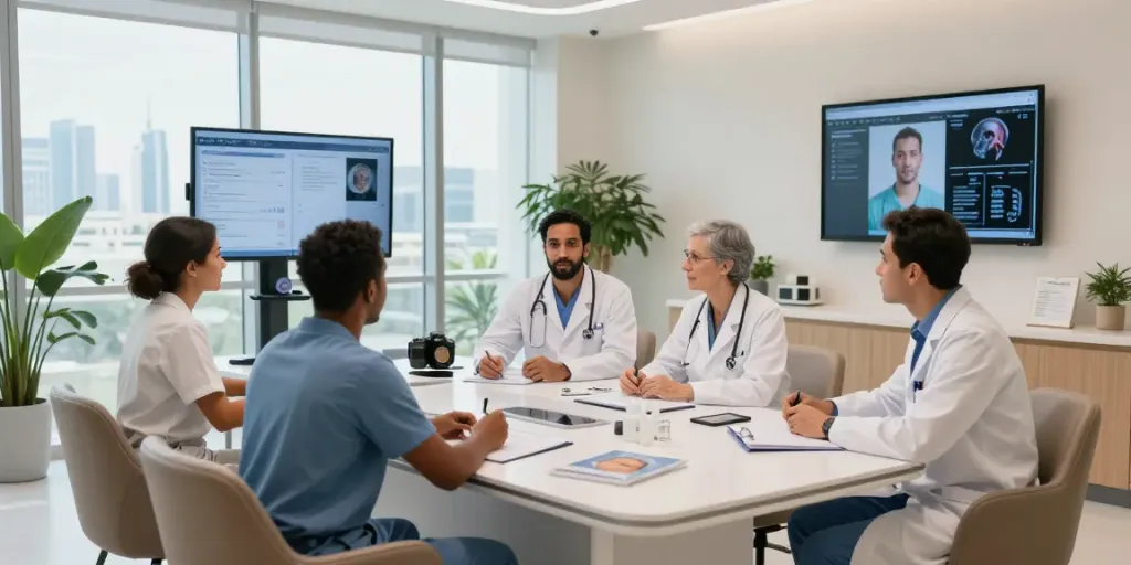 Gastric cancer treatment Abu Dhabi - advanced healthcare team collaborating in a modern oncology center.